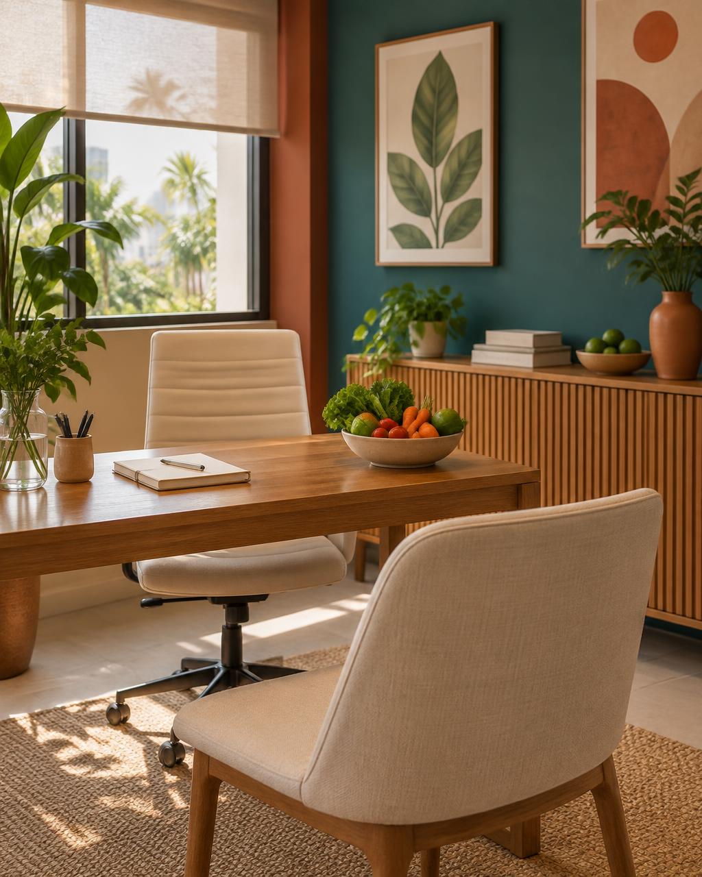 Ambiente acolhedor preparado para consulta nutricional